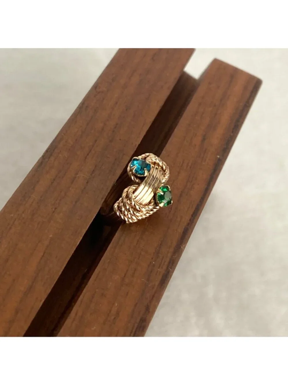 Brass Colored Wire wrapped Blue & Green Rhinestone Baby Ring Size <1
